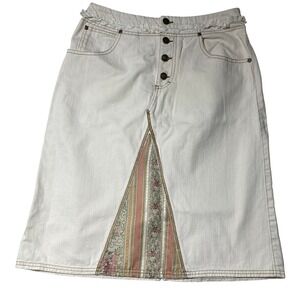 Gloria Vanderbilt Women's Off White Denim Skirt Size 8 Button Floral Insert Boho